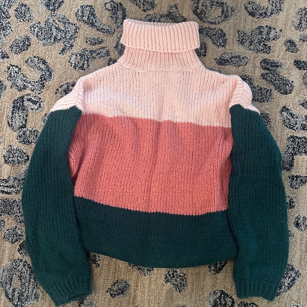Listicle Pink and Green Colorblock Turtleneck Sweater